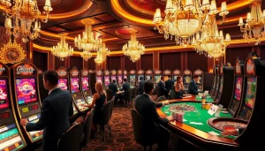 Experience thrilling gacor moments at vibrant casino slots with luxurious decor and excited players.