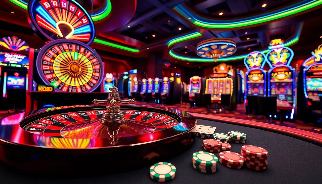 Engaging casino scene featuring xoso66 with vibrant roulette wheel and colorful slot machines.