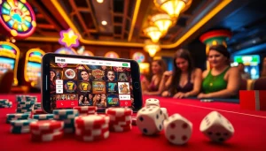 Experience the excitement of gambling with the hm88 tải app showcased on a modern mobile device in a luxurious casino setting.