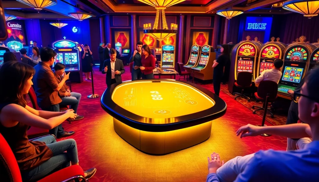 Experience the thrill of BK8 casino gaming with vibrant slot machines and engaged players.