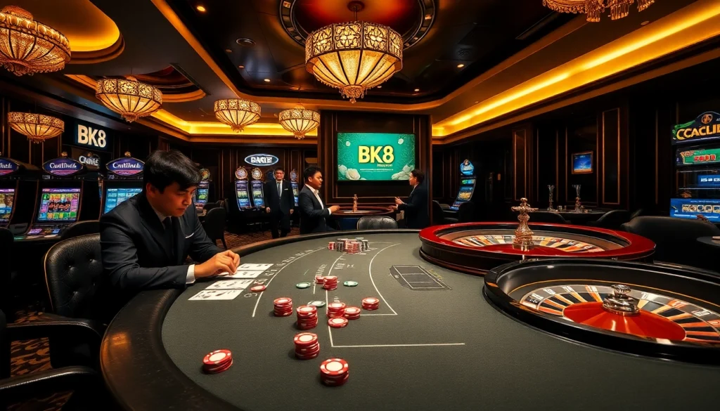 Exciting poker game at BK8 casino with vibrant chips and roulette wheel in view.