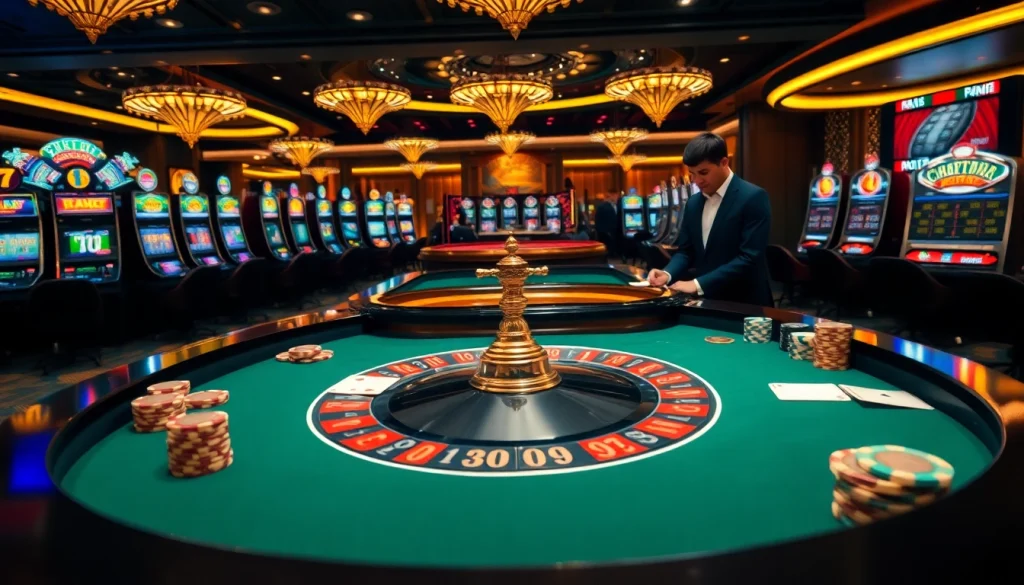 Experience the thrill of gaming with u888 at a luxurious casino setting featuring roulette tables and vibrant slot machines.