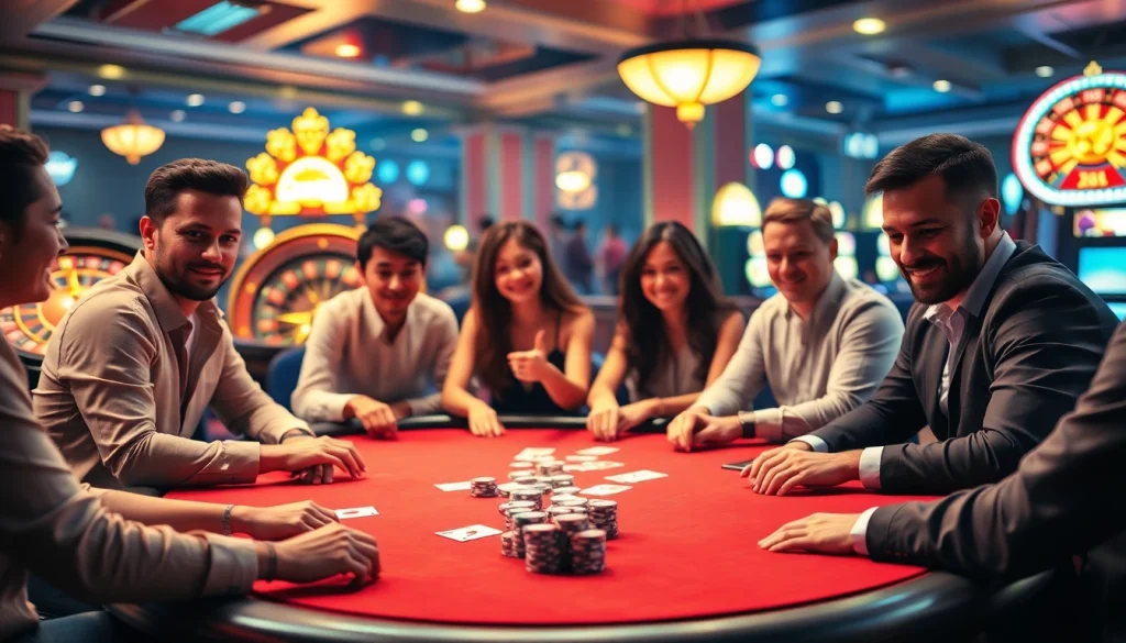 A competitive poker game scene at xin88 com featuring vibrant casino elements and engaged players.