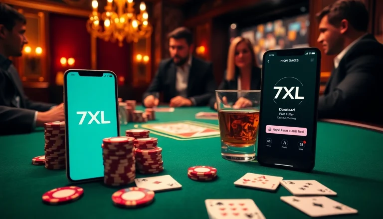 Experience the excitement of poker with 7xl download on smartphone, set in a vibrant casino atmosphere.