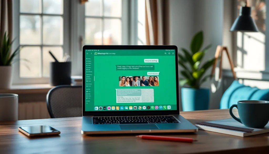 展示的 WhatsApp Web 界面，突显快连官网在消息传递与视频通话等功能在舒适工作空间中的应用。