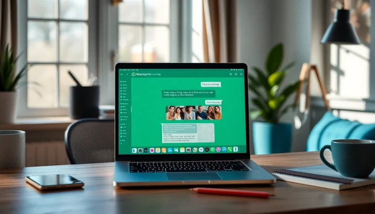 展示的 WhatsApp Web 界面，突显快连官网在消息传递与视频通话等功能在舒适工作空间中的应用。