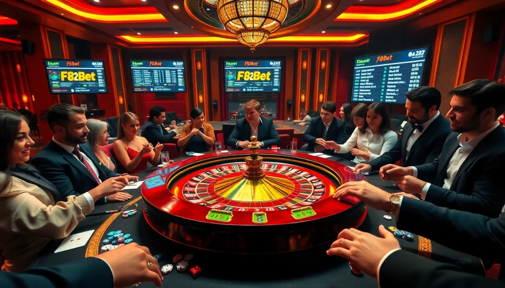 Experience the thrill of gambling at F8bet's extravagant roulette table in a luxury casino environment.