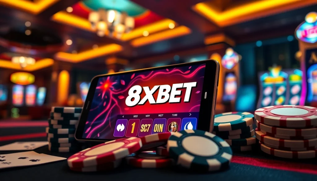 Experience the thrill of downloading the tải app 8xbet with engaging casino visuals and vibrant gaming elements.