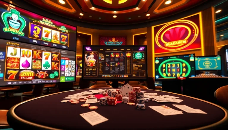 Experience the thrill of Đăng nhập bomwin in a dazzling online casino environment with slot machines and poker tables.