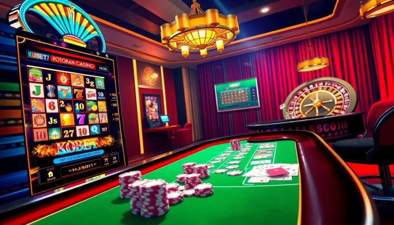 KUBET77 online casino experience featuring vibrant slot machines, roulette, and poker excitement.