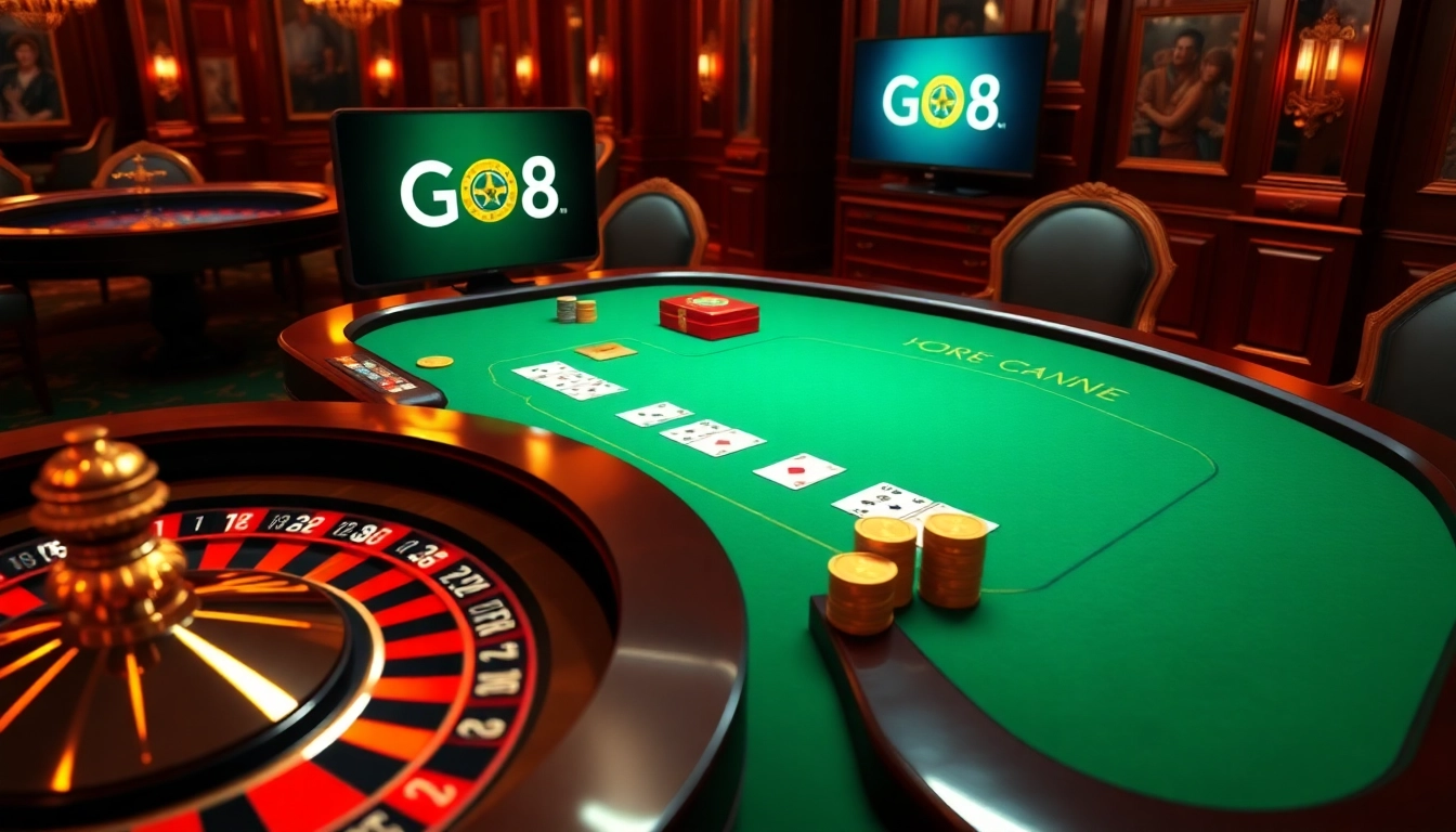 Experience the excitement at Go8 casino with a vibrant poker table and roulette wheel, showcasing luxury gaming.