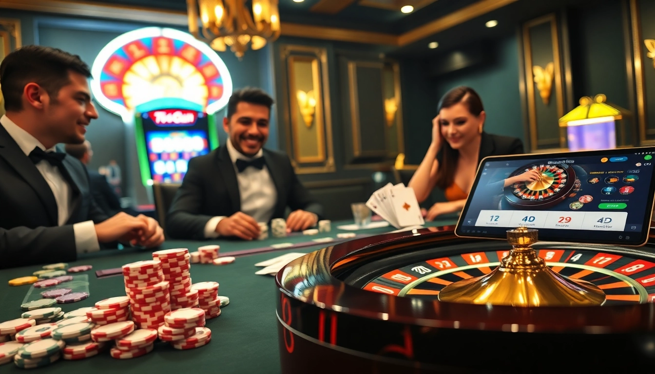 Engaging gamblers at the Nhà cái 789club poker table with stylish chips and illuminated roulette wheel.