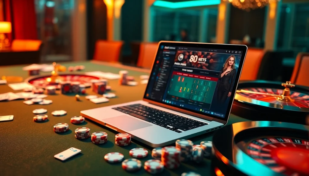 Experience thrilling gambling at https://8s.social/ featuring a luxurious gaming setup with chips and cards.