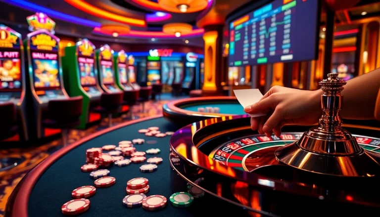 An engaging scene of players winning big at https://www.6slots8.com/ featuring vibrant slot machines and a roulette table.