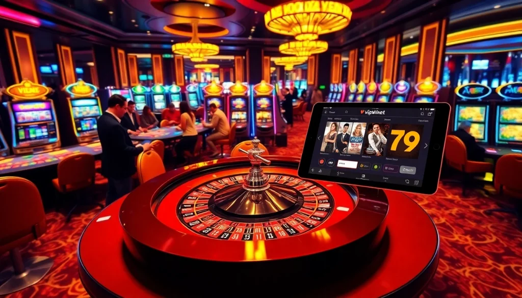Exciting casino scene with roulette table and players at vipwin79.net showcasing luxury gaming.