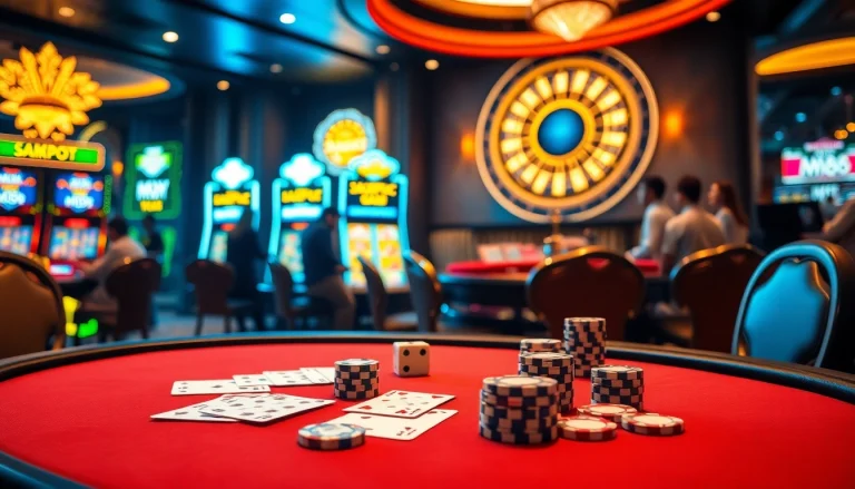 Engaged players enjoying a luxurious MM88 casino experience with poker chips and cards.