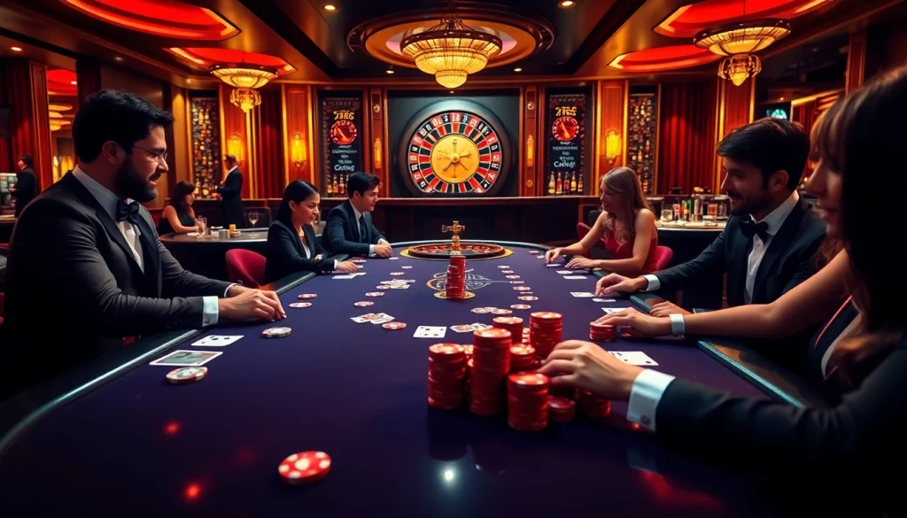 Players enjoy an exciting game at the upscale 79king casino, showcasing poker chips and a roulette wheel.