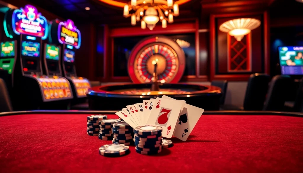 Experience the thrill of high-stakes play at hz88 vip casino, featuring an elegant poker table and vibrant slot machines.