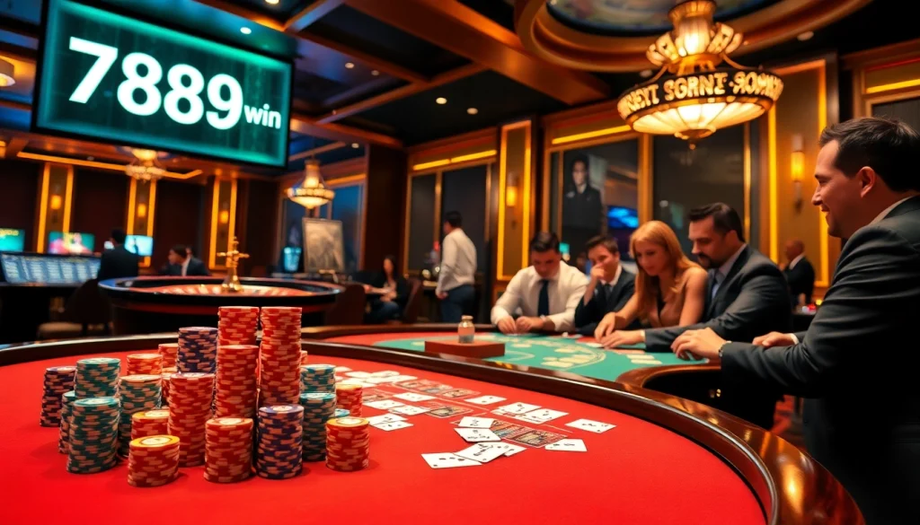 Players winning at a lively casino table branded with 789win, showcasing excitement and thrill.