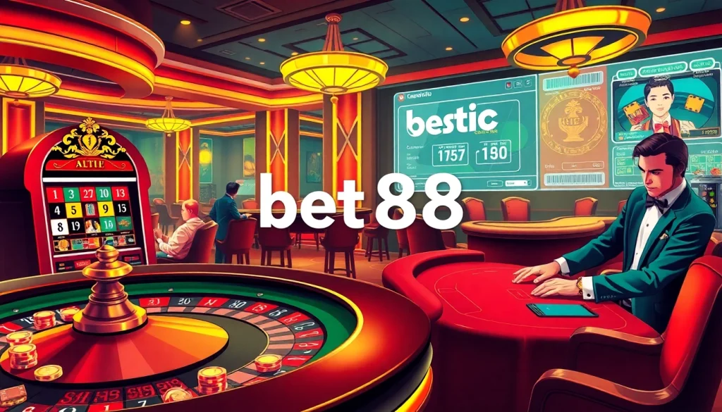 Experience the excitement of bet88 with a luxury casino scene showcasing roulette, slots, and betting.