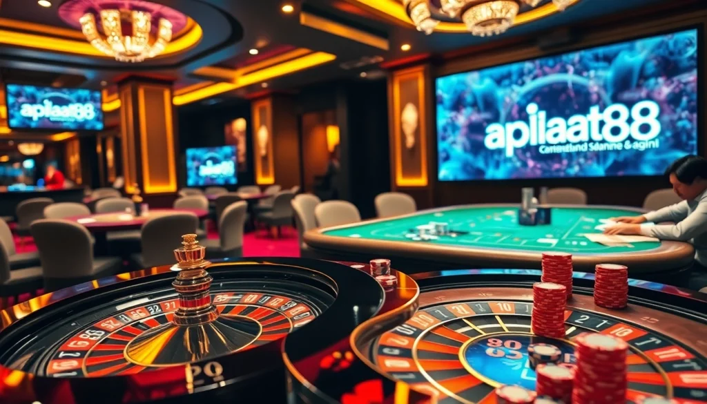 situs apiraja88 players enjoying poker at an elegant casino table with vibrant roulette in the background
