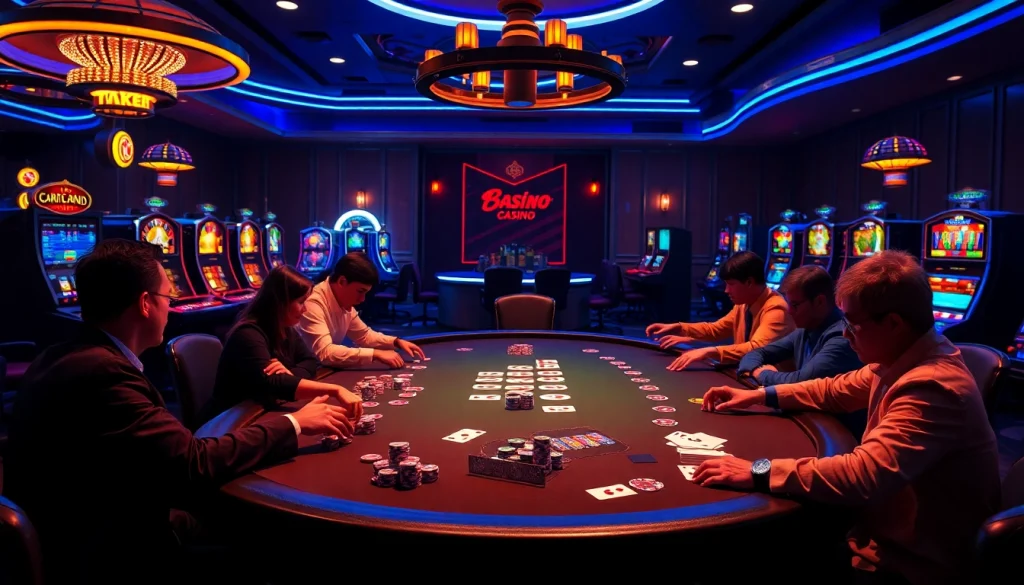 Action-packed gambling scene at Nhà cái 789club with players at a poker table.