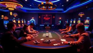 Action-packed gambling scene at Nhà cái 789club with players at a poker table.