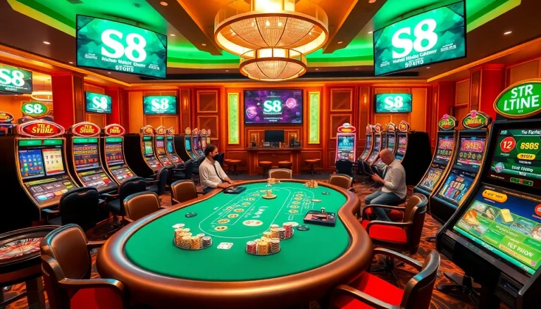 Players engaging at S8 casino poker table, with vibrant slots and roulette in view.