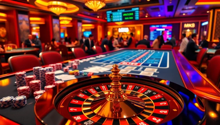 Engage in thrilling bets at MK8 casino, featuring poker chips and a glowing roulette wheel.