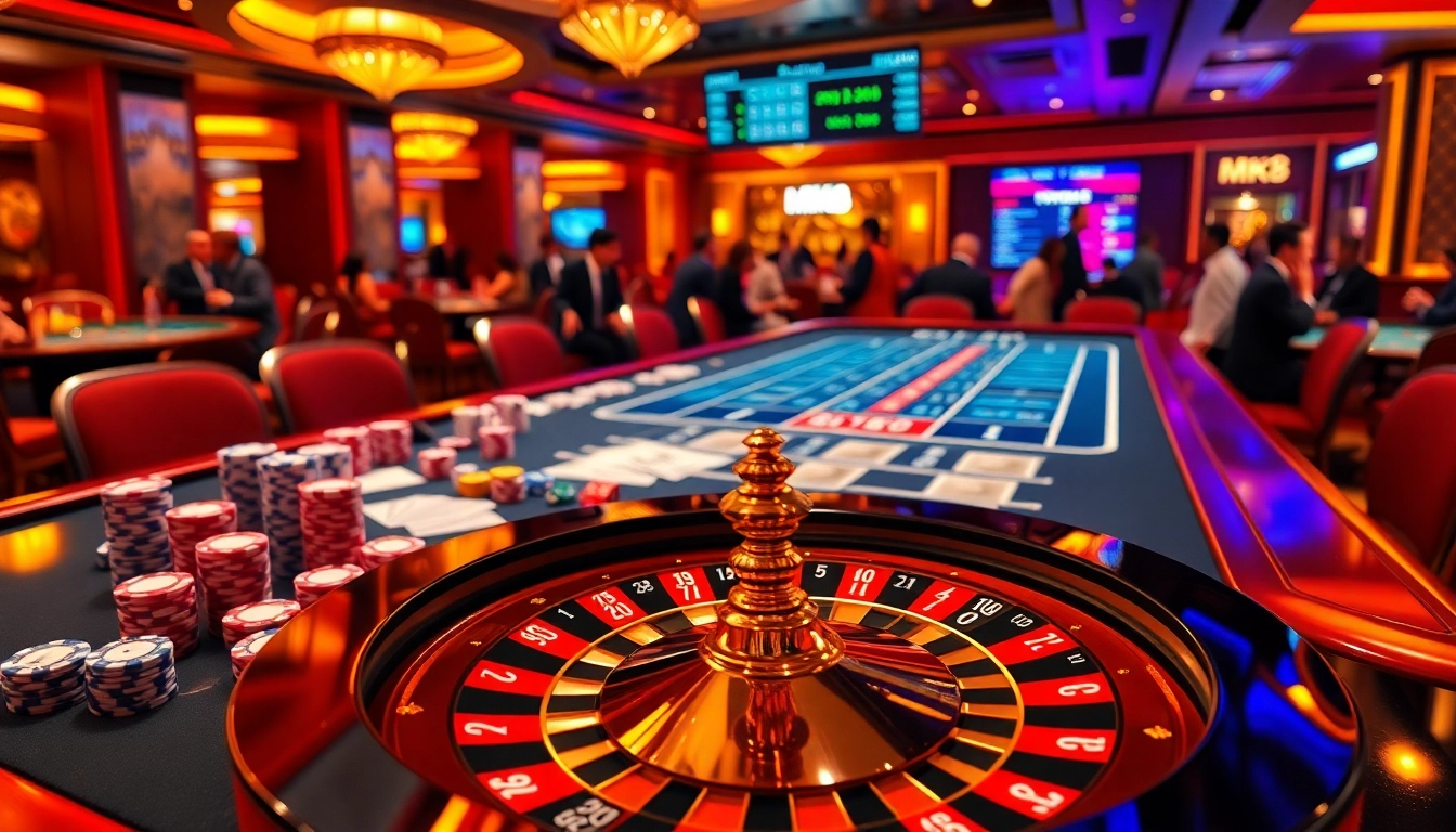 Engage in thrilling bets at MK8 casino, featuring poker chips and a glowing roulette wheel.