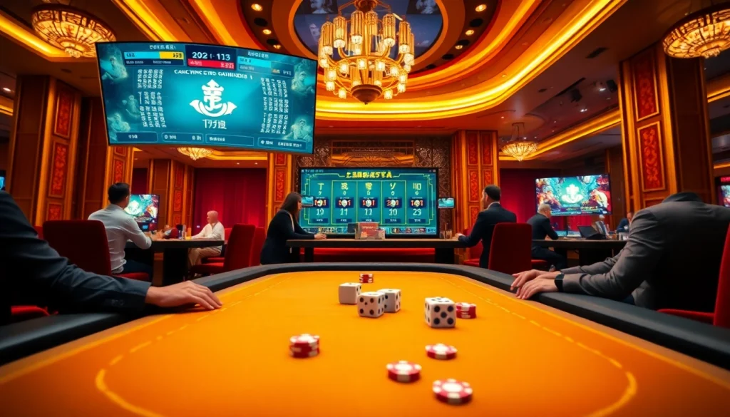 Exciting players engaging in the game tài xỉu in a luxurious casino environment.