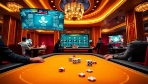 Exciting players engaging in the game tài xỉu in a luxurious casino environment.