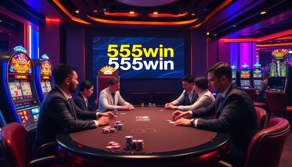 Engaging poker game at 555win casino with vibrant slot machines and excited players.