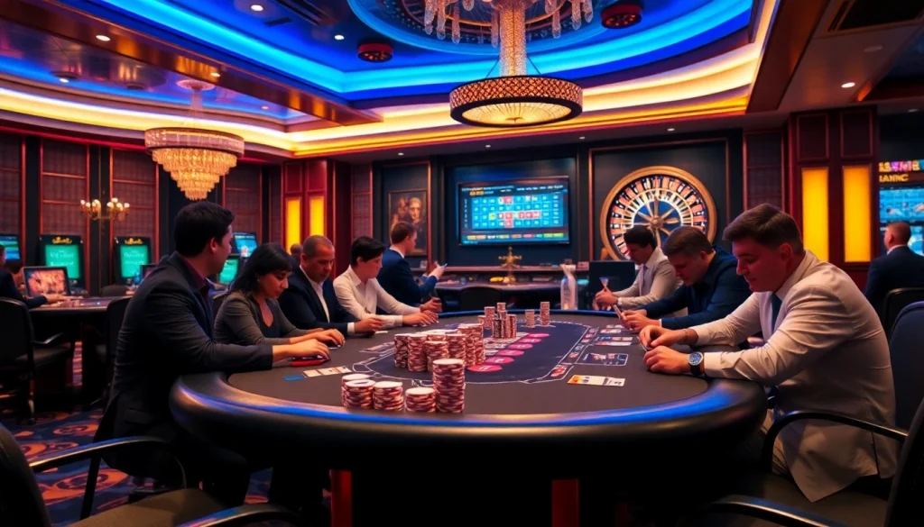 Experience the thrill of high-stakes gambling at https://10sunwin.vip/ with an elegant casino scene featuring poker and roulette.