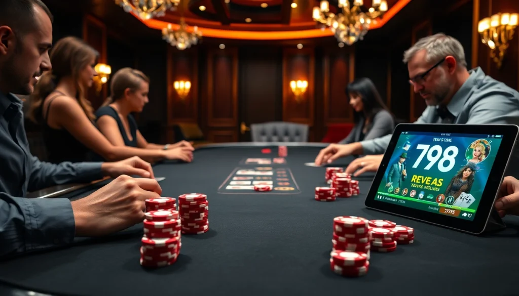 Experience strategic gameplay at https://789f.town/ with a glamorous poker table setup showcasing chips and intense players.
