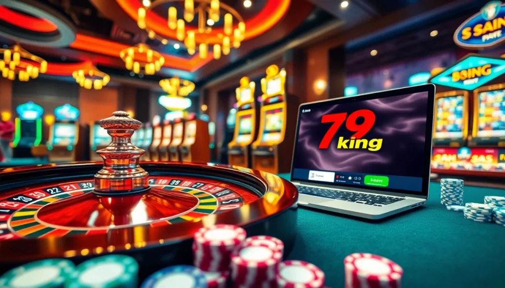 79king players enjoying an exciting casino experience with roulette wheel and vibrant slot machines.
