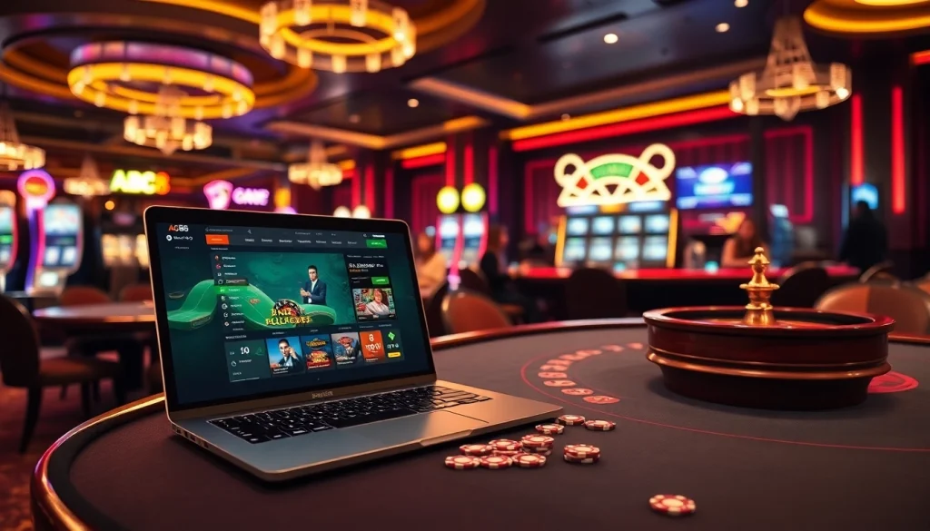 Action-packed betting scene showcasing ABC8 online platform with poker tables and roulette.