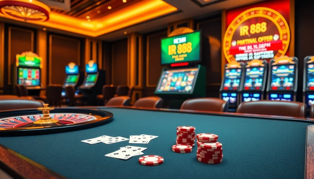 Experience excitement at RR 88 with vibrant casino elements like roulette, cards, and poker chips.