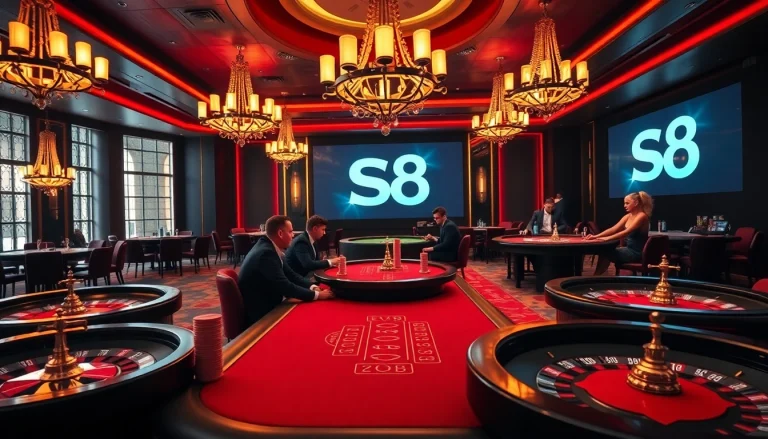 A dynamic poker game with S8 branding showcasing high-stakes gambling action and luxurious casino ambiance.