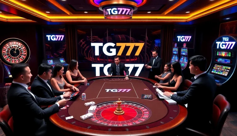 Players enjoying high-stakes games at TG777 casino, featuring poker, slots, and roulette.