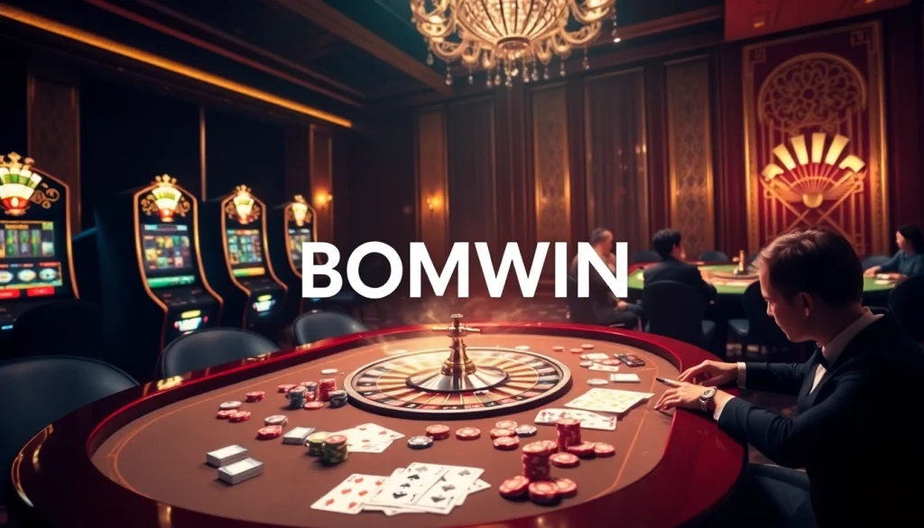 A dynamic online casino scene highlighting an elegant interface for Đăng nhập bomwin, showcasing exciting gaming elements like roulette wheels and slot machines.