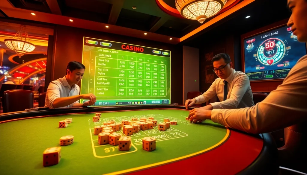 Xóc đĩa online game interface with vibrant chips and digital dice in a luxurious casino setting.