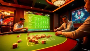 Xóc đĩa online game interface with vibrant chips and digital dice in a luxurious casino setting.