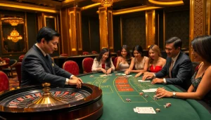 Keluaran china displayed at an upscale casino with roulette and poker action, showcasing high-stakes gameplay.