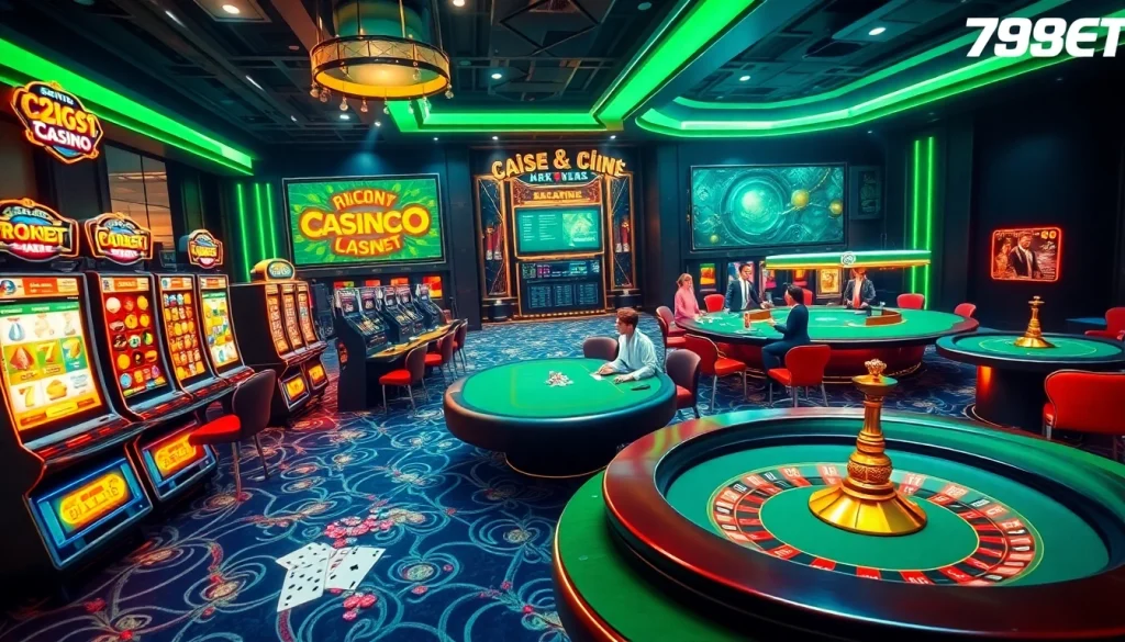 Experience excitement at 789BET online casino with vibrant slot machines and elegant poker tables.