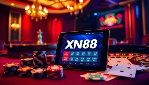 Engaging mobile gambling experience with the tải app xn88 interface, surrounded by casino elements.