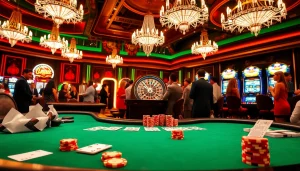 Engaging casino scene showcasing Rikvip-themed poker tables and vibrant gaming activity.