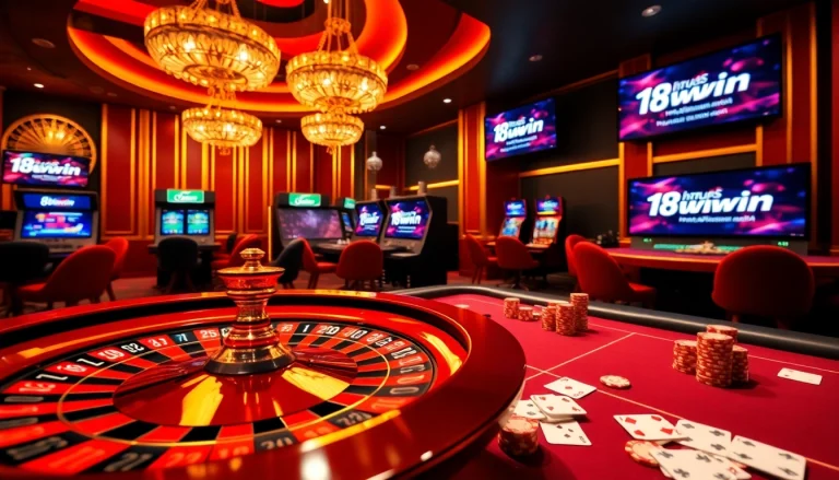 Experience thrilling gameplay at https://18win.asia/ with a luxury casino scene featuring poker chips, roulette wheels, and exciting action.