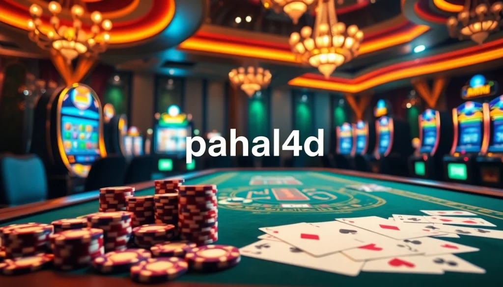 Pahala4d players engaging at a luxurious casino table with vibrant poker chips and cards.