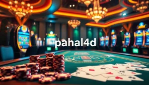 Pahala4d players engaging at a luxurious casino table with vibrant poker chips and cards.
